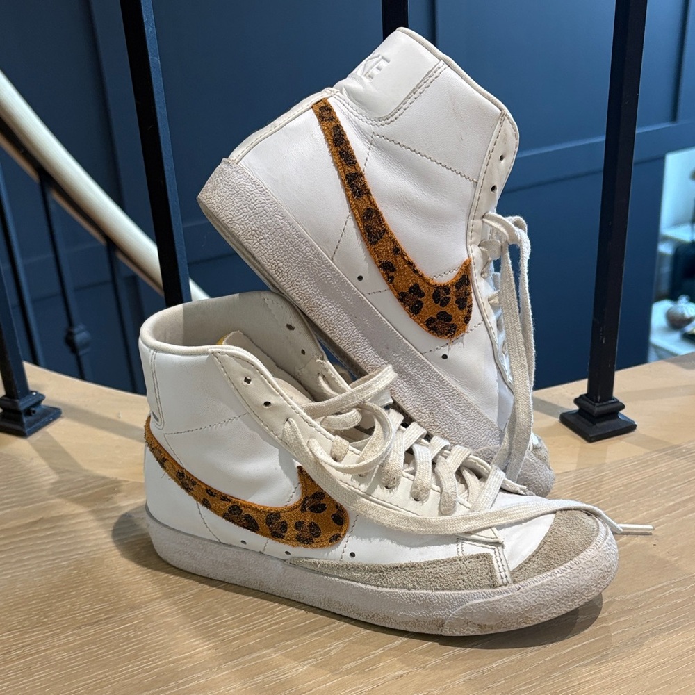 Nike White and Leopard Print High-Top Sneakers
